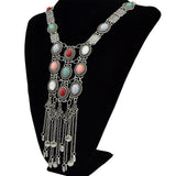 Multi Layer Colorful Turquoise Gemstone Bell Tassel Necklace Retro Ethnic Bib Long Geometry Pendant Collar Gypsy India Jewelry
