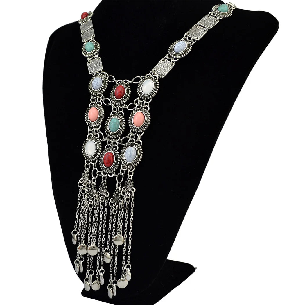 Multi Layer Colorful Turquoise Gemstone Bell Tassel Necklace Retro Ethnic Bib Long Geometry Pendant Collar Gypsy India Jewelry