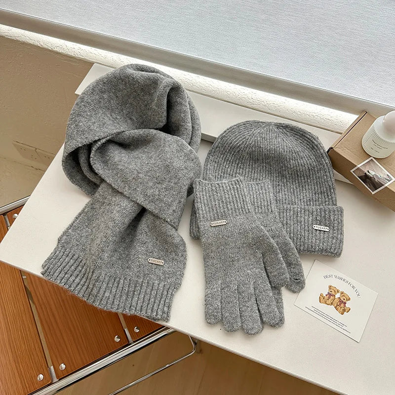 Wool knitted winter hat, scarf, and gloves set by HSF Marketplace in a coordinated warm style