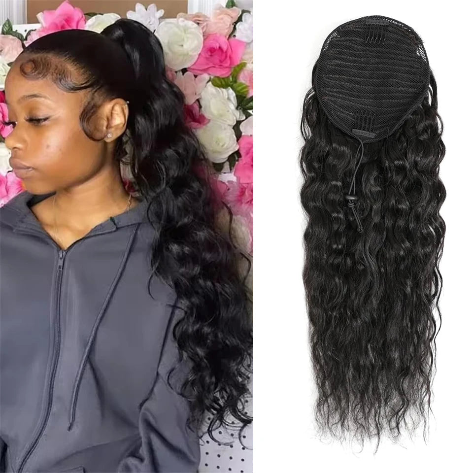 Water wave Brazilian human hair drawstring ponytail extension with corn wave texture for women by HSF Marketplace