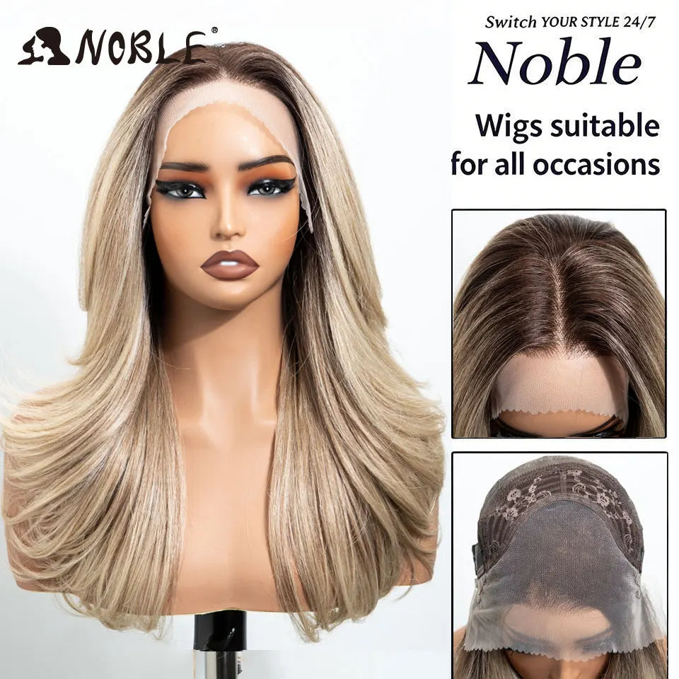 NOBLE 13x4 Synthetic Lace Front Wig 30 Inch Dark Brown Layered Fluffy Wavy Wig Pre Plucked Hairline Heat Resistant Wig For Wome