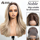 NOBLE 13x4 Synthetic Lace Front Wig 30 Inch Dark Brown Layered Fluffy Wavy Wig Pre Plucked Hairline Heat Resistant Wig For Wome