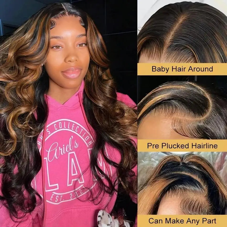 Highlight Body Wave Human Hair Wig with 13x6 HD lace frontal in black, brown, and blonde ombre, 30 to 36 inches long.