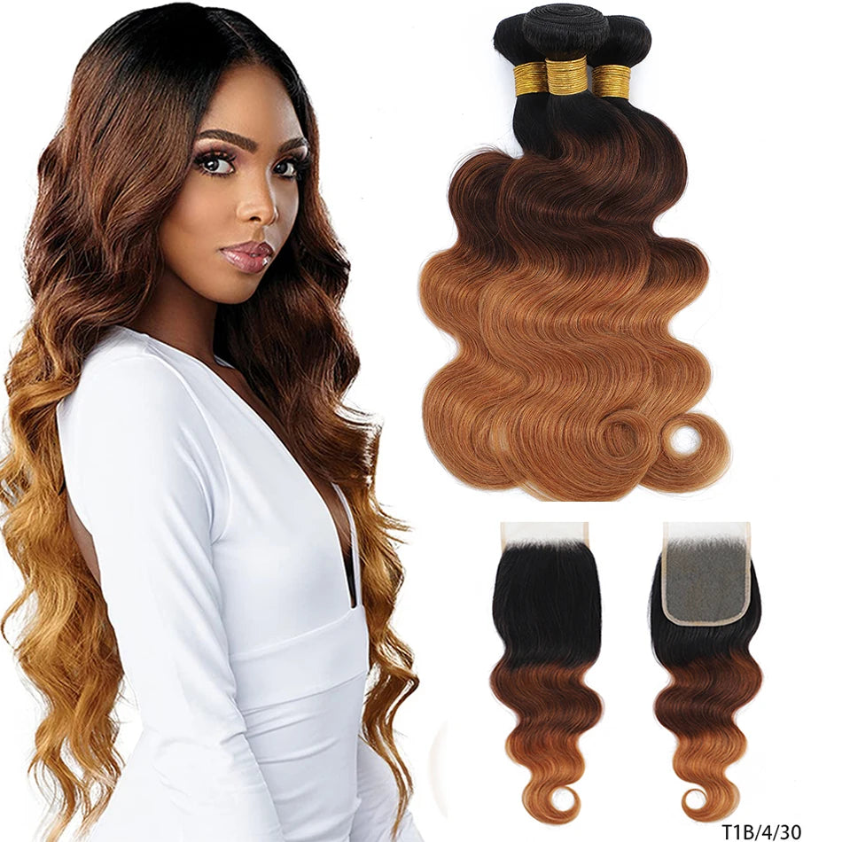 Red body wave Brazilian human hair bundles with closure, 10A grade, by HSF Marketplace