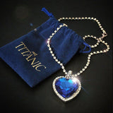 Silver Titanic Heart of Ocean blue heart pendant necklace by HSF Marketplace on a velvet gift bag.