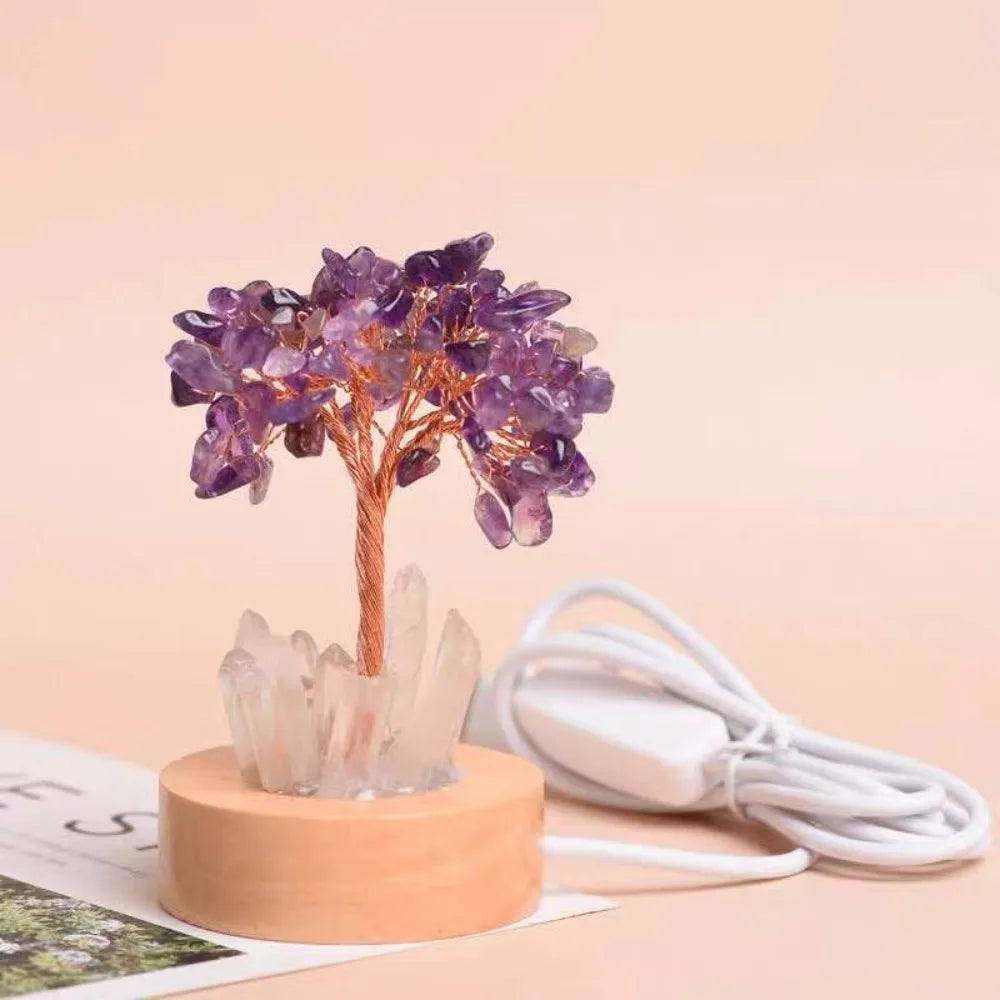 Glowing Crystal Money Tree with LED Base for Wealth Luck, Natural Stone Feng Shui Desktop Ornament, Gift for Birthday