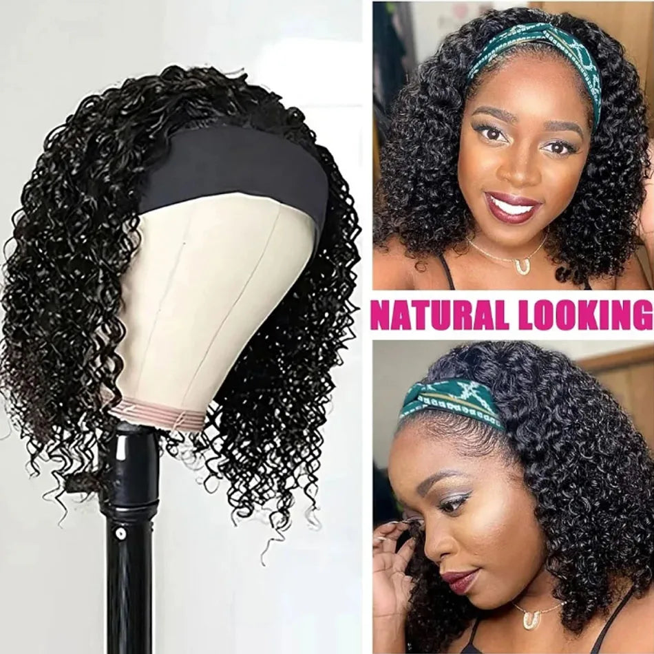 Brazilian kinky curly glueless human hair headband wig, short bob, full machine-made style for women