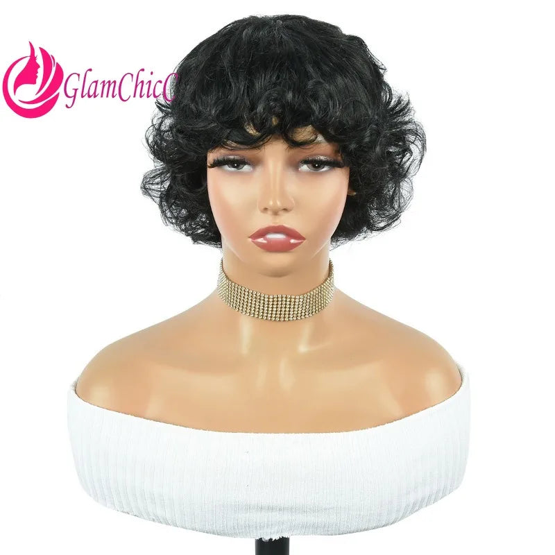 Curly Brazilian virgin human hair pixie wig in various colors, 6-inch length, full density, designed for women’s daily wear.