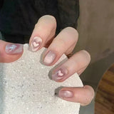 24pcs HSF Marketplace girly short square press-on false nails with white French tips, glitter stars, rhinestones, bows, and cat-eye design