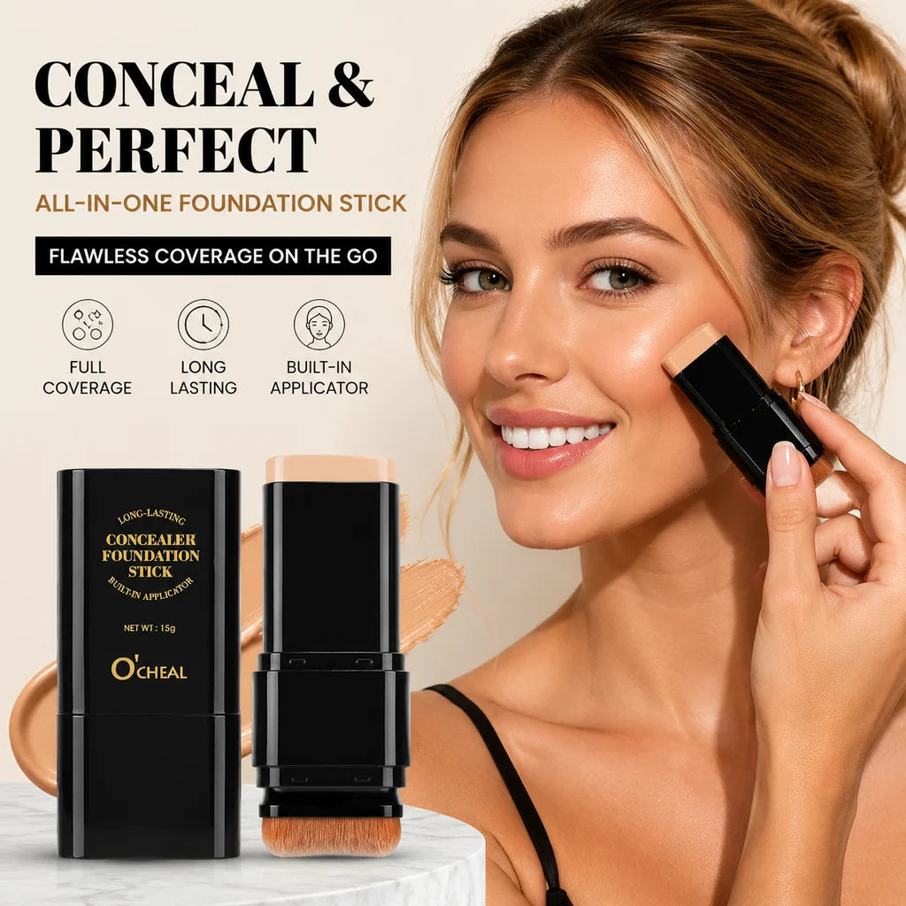 HSF Marketplace full coverage foundation concealer stick with built-in applicator brush, matte finish makeup