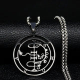 Stainless steel Satan necklace featuring Baphomet stamp design and laser-etched Sigil De Lucifer on chain jewelry.