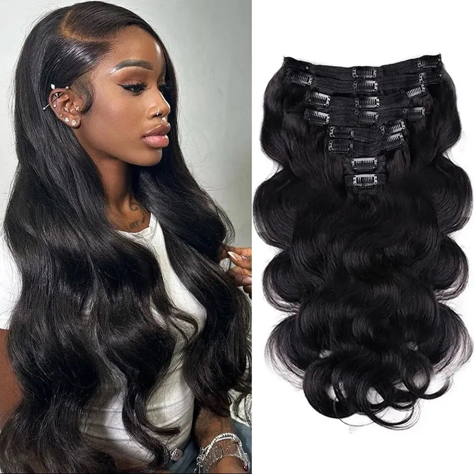 Brazilian virgin body wave clip-in hair extensions, 8 pieces with 20 clips, 8–24 inch human hair