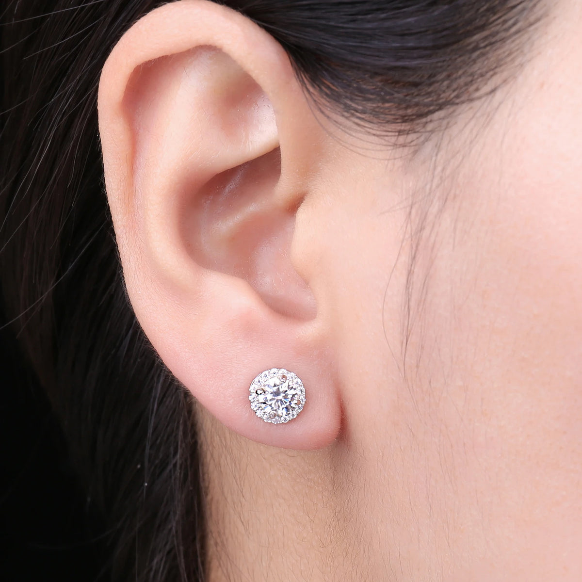 Moissanite halo stud earrings in 925 sterling silver for women by HSF Marketplace