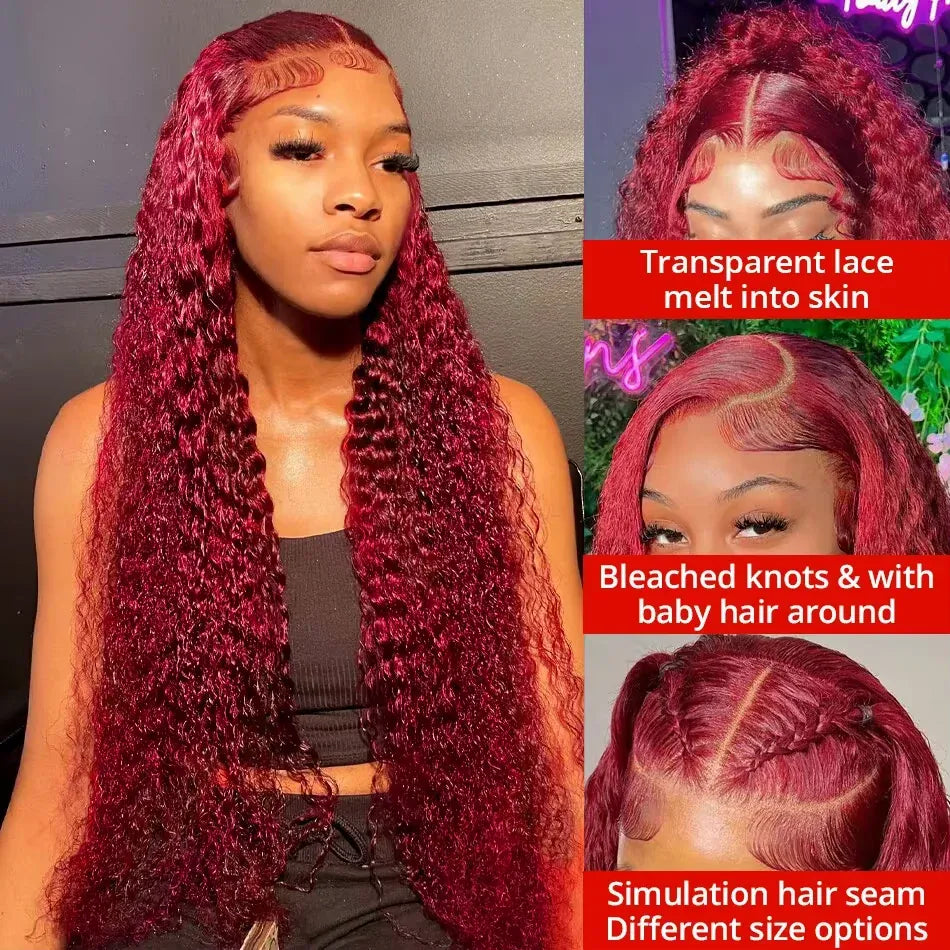 200% 13x4 Curly 99J Burgundy Lace Front Drawstring Glueless Wig Wine Red 30 36Inch Deep Water Wave Lace Frontal Human Hair Wigs