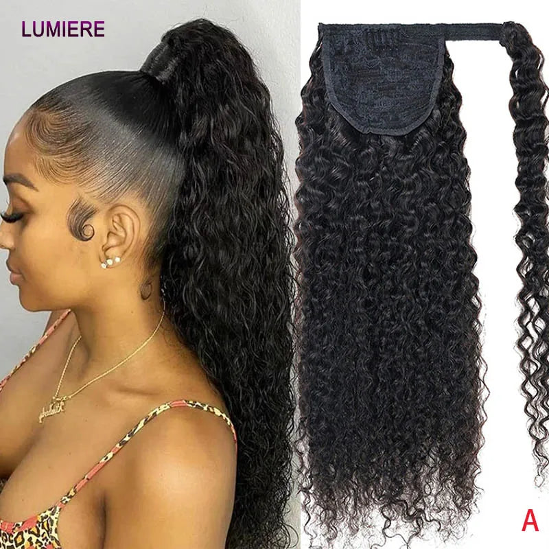 Afro kinky deep water curly wave clip-in ponytail wrap-around virgin raw human hair extension, natural color