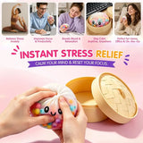 Rainbow Dumpling Squishy with Bead Sensory Squeeze Toy for Stress Relief with Bamboo Steamer Funny Gift