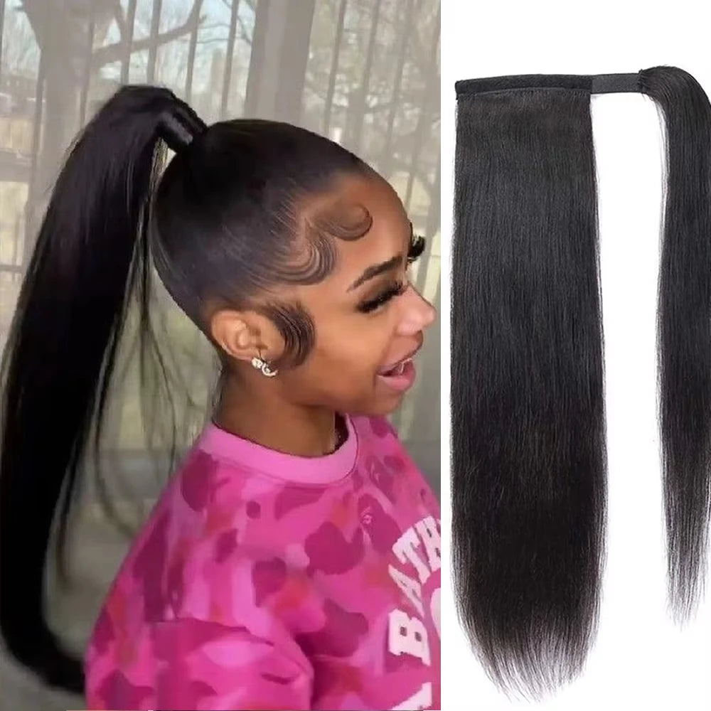 Kinky straight Remy Brazilian human hair wrap-around clip-in ponytail extension in natural color by HSF Marketplace