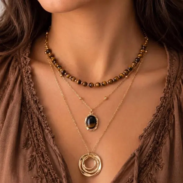 Retro 3 Layers Gold Plated Tiger Eye Stone Necklace For Women Boho Sun Zircon Sun Pendant Beaded Stackable Choker Party Jewelry