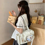 Y2K New Bow Ita shoulder handbag by HSF Marketplace featuring a transparent design, large capacity, cute comic display, and DIY style