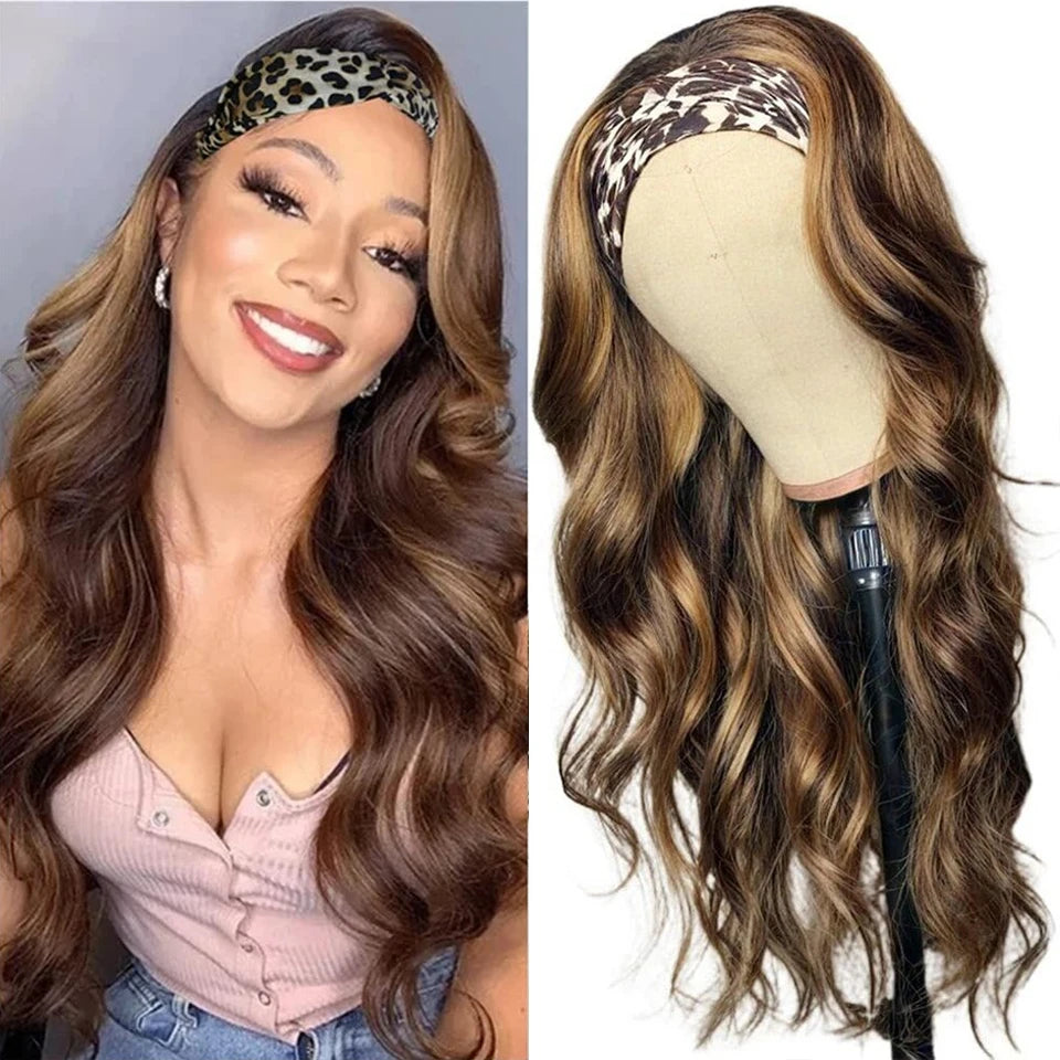 4/27 highlight body wave headband wig, 200% density Brazilian human hair wig for Black women