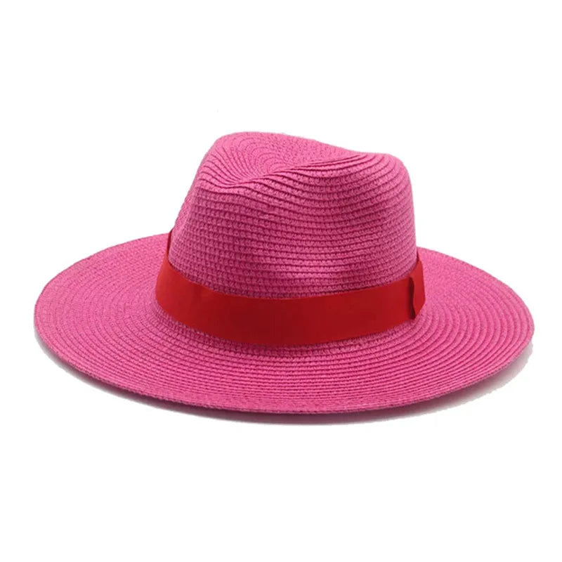 Women's black ribbon Panama straw hat for spring and summer sun protection