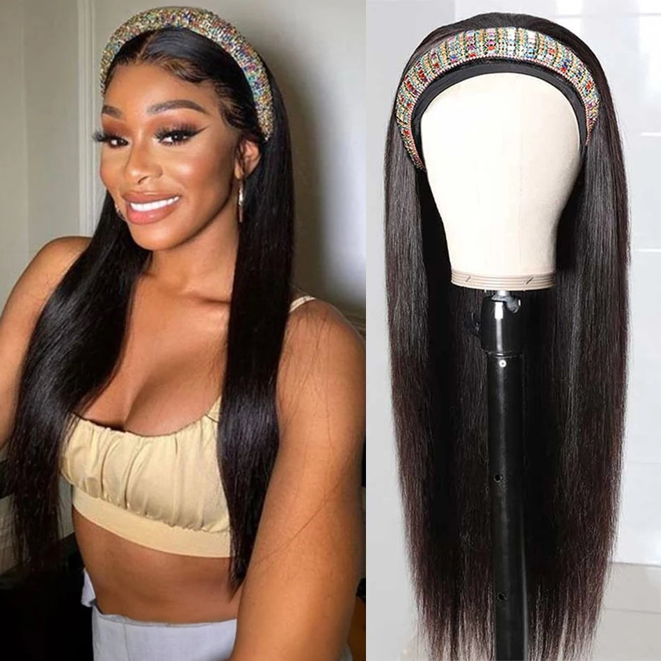 30 inch straight Brazilian human hair headband wig, full machine-made, no-glue style for women by HSF Marketplace