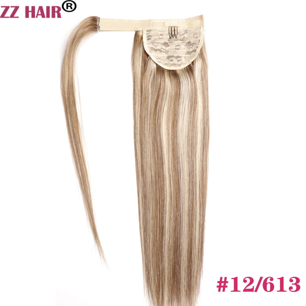 ZZHAIR 100% human hair straight wrap-around clip-in ponytail extension, machine-made Remy hair, 16–28 inches