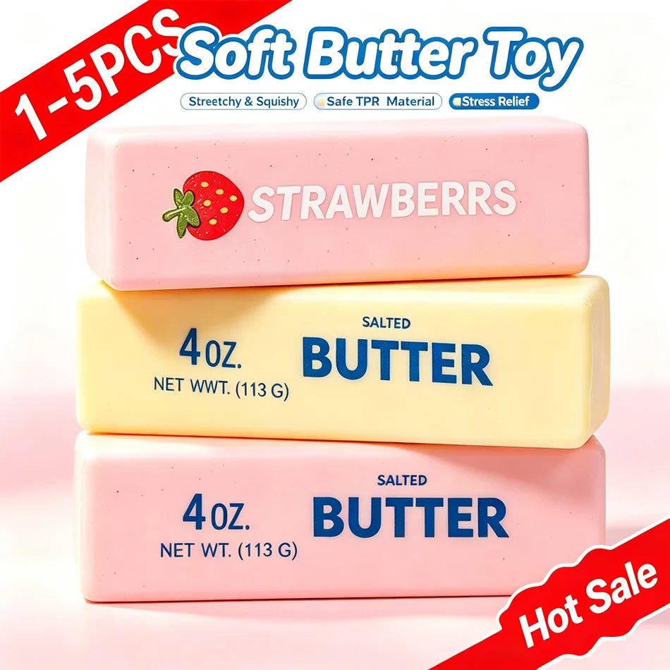 2026 New Soft Butter Squishy Toy, 1-5 PCS Cute Strawberry Butter Bar Stress Relief Toy, Stretchy & Squishy Safe TPR Material