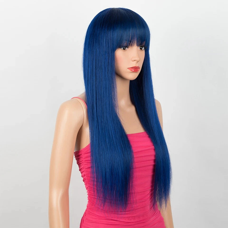 Rebecca 180D straight human hair wig with bangs, featuring a sleek bob style and full machine-made construction, for women.
