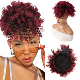 Afro puff drawstring ponytail with bangs, short kinky curly synthetic pineapple updo bun for Black women