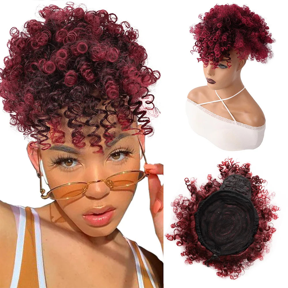 Afro puff drawstring ponytail with bangs, short kinky curly synthetic pineapple updo bun for Black women