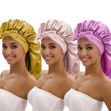 3-piece satin long bonnet set with wide brim and bow tie for everyday hair styling
