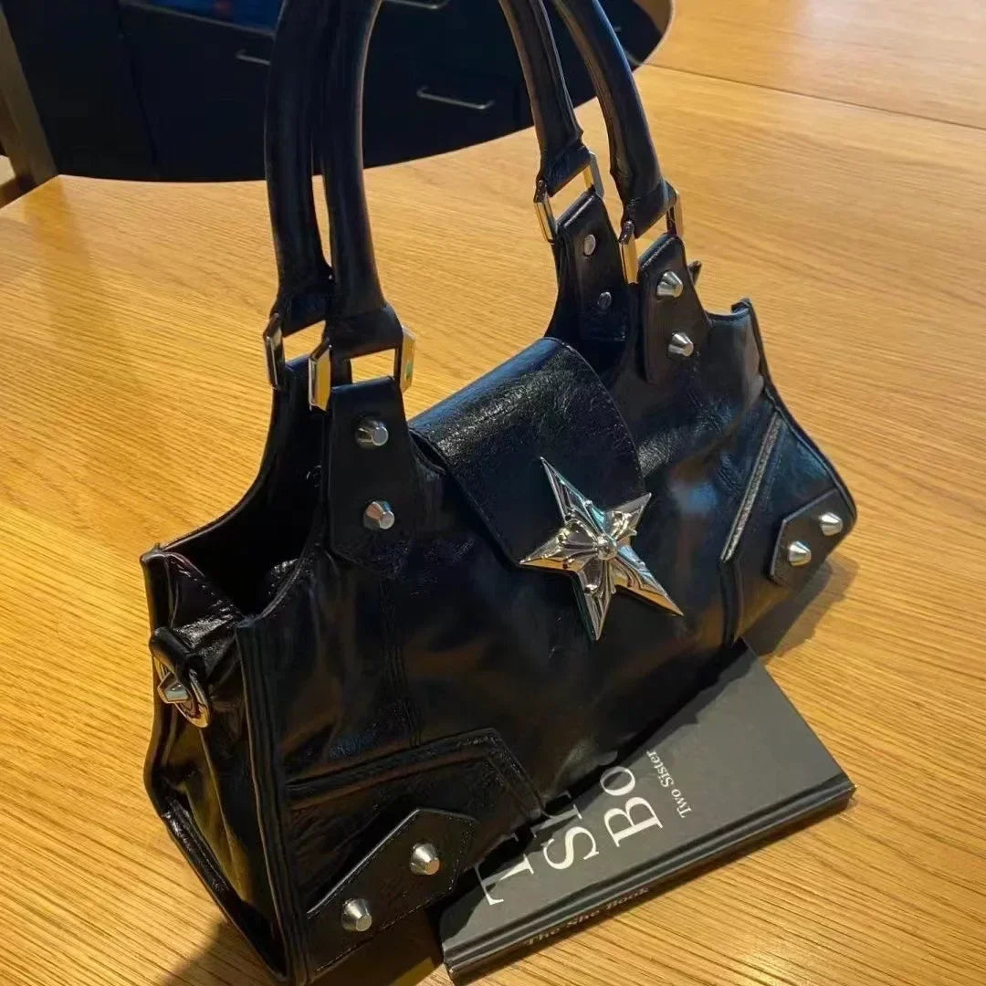 Black Y2K Korean Gothic star girl handbag with vintage fairy grunge punk style, shoulder tote purse for women.