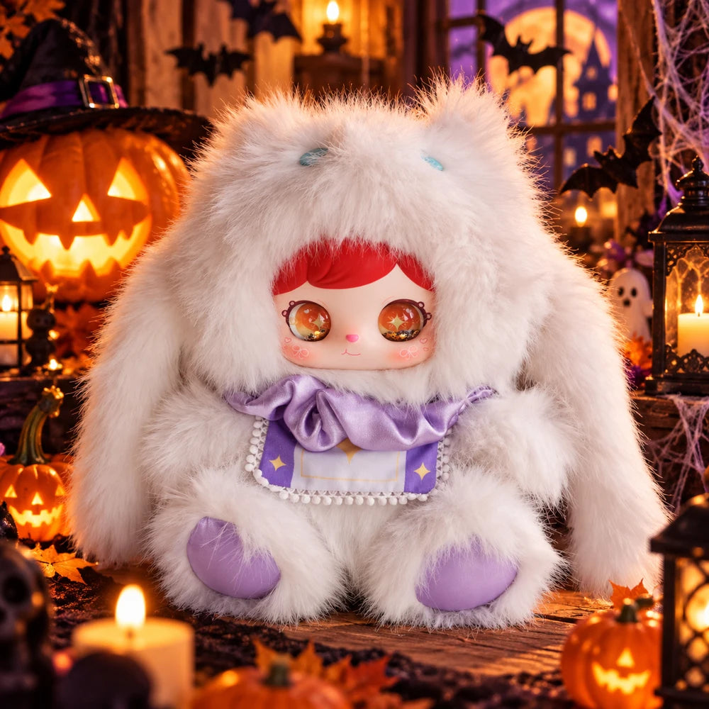 Large plush Halloween gothic bunny character collectible mystery box figure in soft, fluffy kawaii style