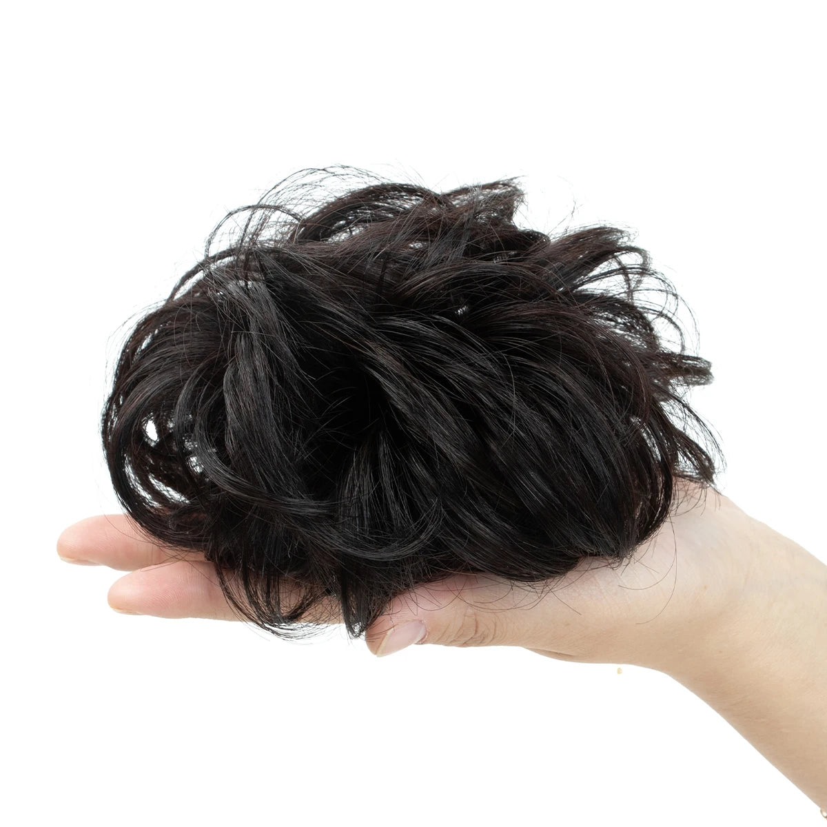 Elegant messy bun hairpiece with curly wave design, natural fluffy real human hair ponytail extension for women