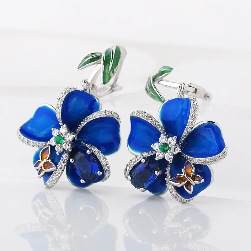 Blue enamel flower dangle earrings in 925 sterling silver by HSF Marketplace