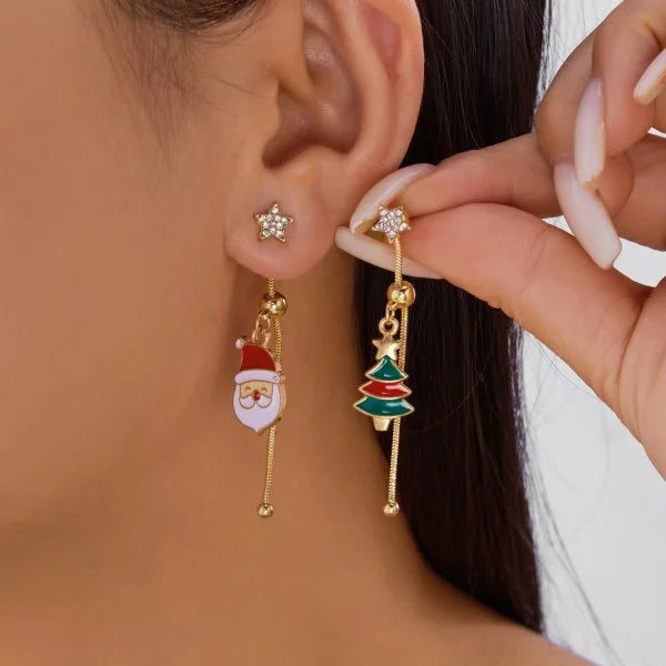 Trendy Christmas asymmetrical dangle earrings for women by HSF Marketplace, festive jewelry design