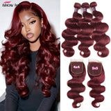 99J Burgundy Body Wave Human Hair Extensions with 4x4 Lace Closure And 5x5 Lace Closure Remy Hair Bundles for Women