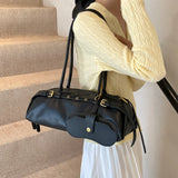 Black PU shoulder bag with buckle decoration, large capacity, stylish handbag for women, all-match fashion purse by HSF Marketplace.