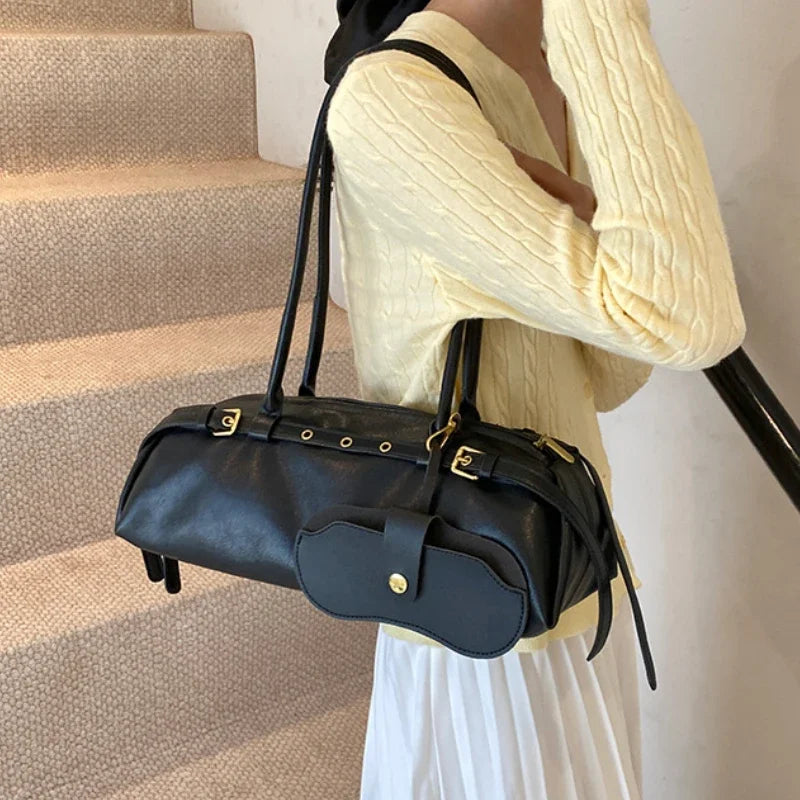 Black PU shoulder bag with buckle decoration, large capacity, stylish handbag for women, all-match fashion purse by HSF Marketplace.