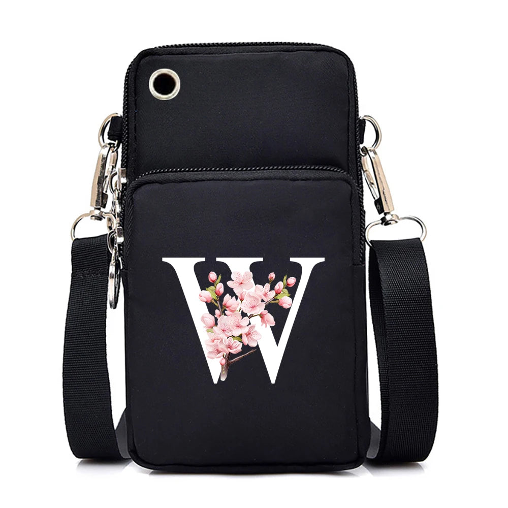 Small floral alphabet graphic crossbody handbag for women, featuring a mobile phone pocket and fashionable messenger style.