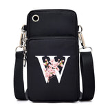 Small floral alphabet graphic crossbody handbag for women, featuring a mobile phone pocket and fashionable messenger style.