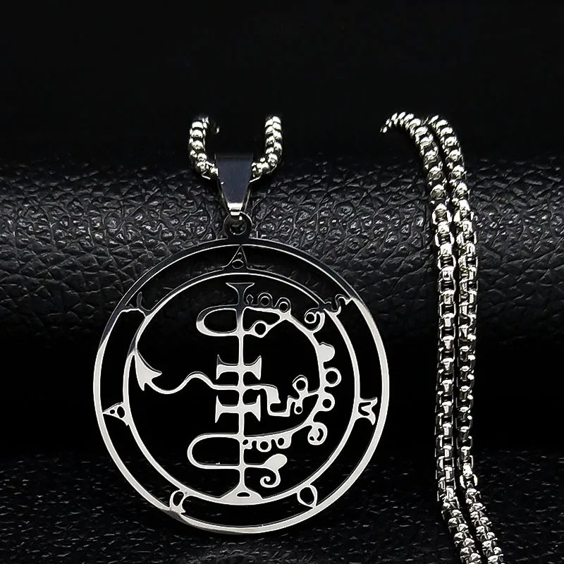 Stainless steel Satan necklace with Baphomet stamp and laser-etched Sigil De Lucifer design, featuring chain and jewelry details.