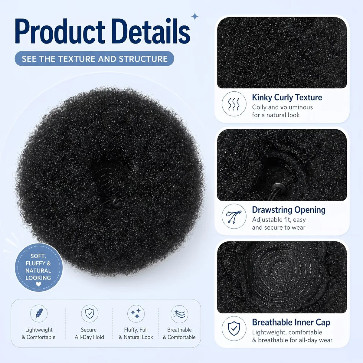 HSF Marketplace human hair afro curly drawstring ponytail wig with small fluffy curls and secure non-slip fit
