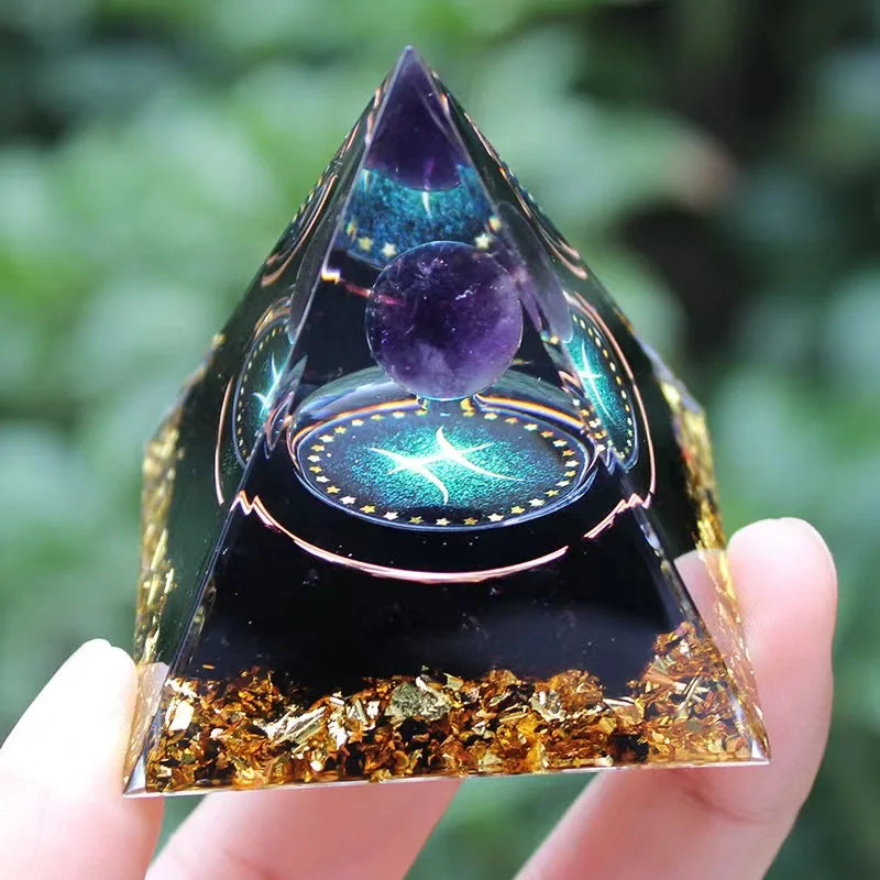Twelve Zodiac Signs Orgone Pyramid with Amethyst for Home Decoration Unique Gift Idea for Family And Friends
