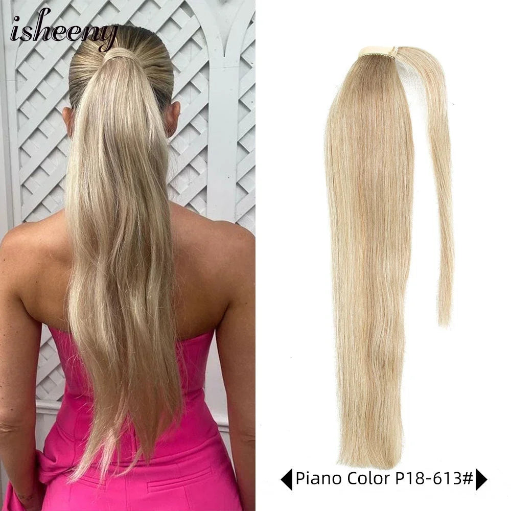 Isheeny straight human hair ponytail extension, natural Brazilian Remy wrap clip-in, shown in 14–24 inch lengths