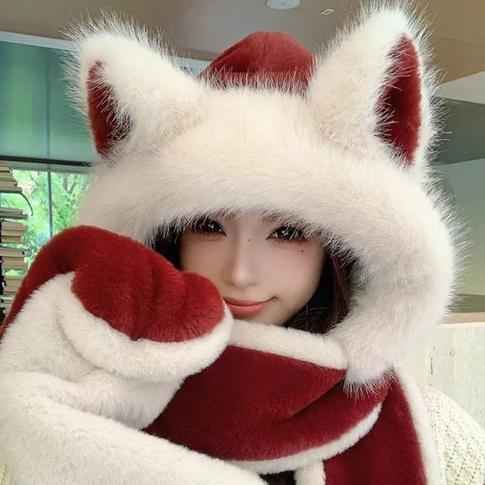 3-in-1 fox ear winter hat, scarf and gloves set for warmth by HSF Marketplace