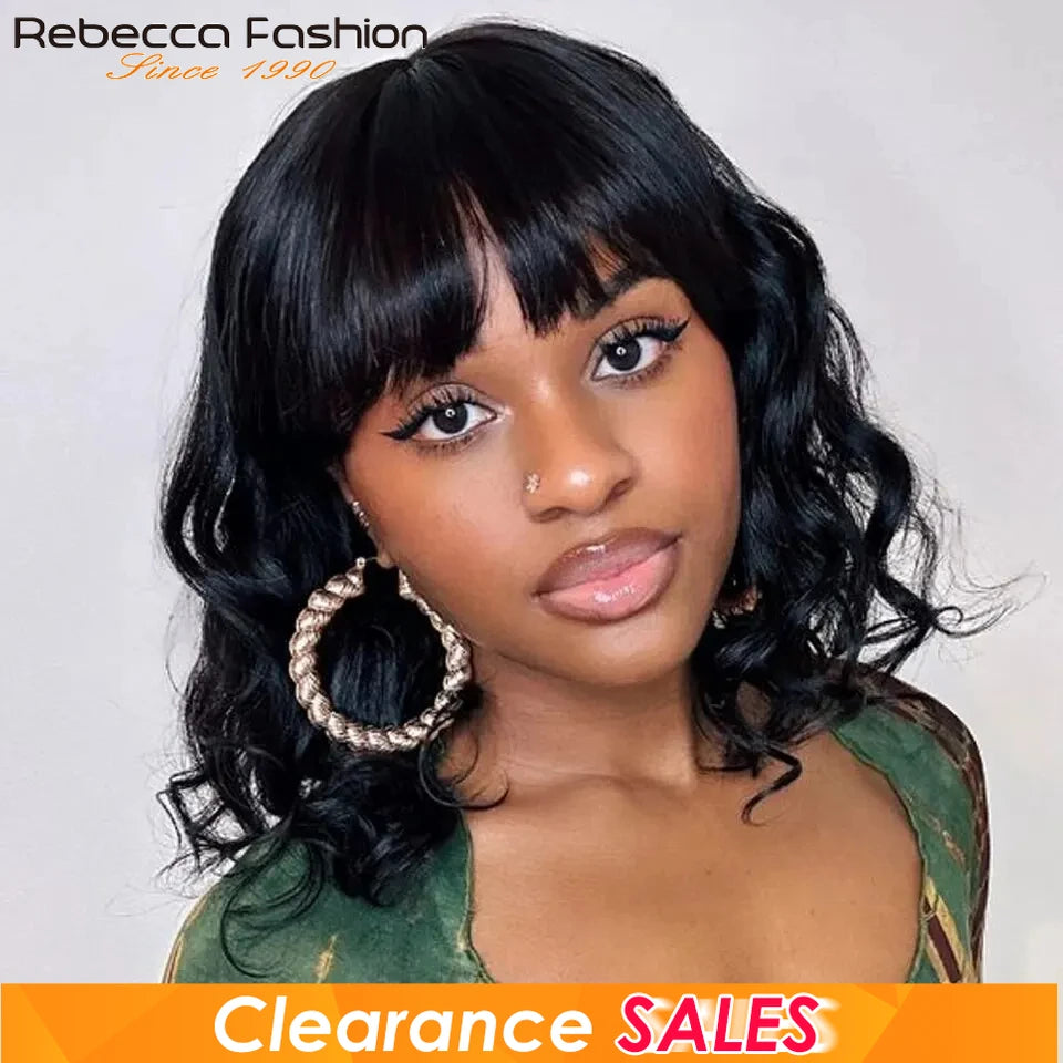 Natural black short body wave bob human hair wig with bangs, ombre color, loose waves, Brazilian Remy hair from HSF Marketplace