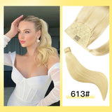 Yelo human hair clip-on ponytail extensions in straight blonde, brown, and black shades