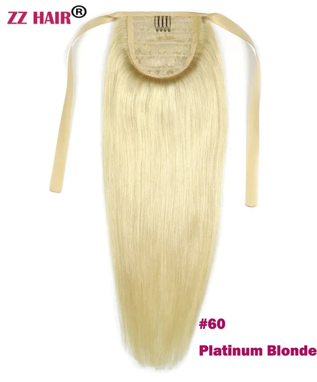 ZZHAIR Brazilian Remy human hair ribbon ponytail extension, 16–20 inch natural straight clip-in horsetail, 60g